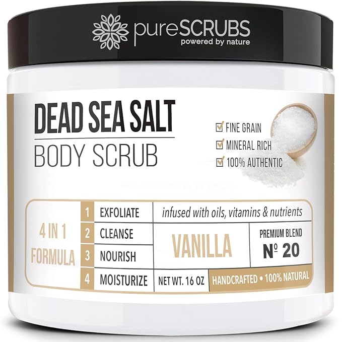 pureSCRUBS Premium Vanilla Body Scrub Set - Large 16oz Dead Sea Salt Body Scrub With Infused Essential Oils & Nutrients, Includes Wooden Spoon, Loofah & Oatmeal Exfoliating Bar Soap-VivaGrace Women