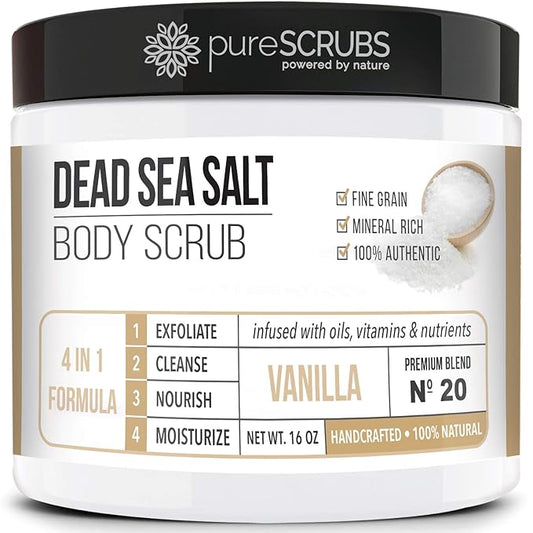 pureSCRUBS Premium Vanilla Body Scrub Set - Large 16oz Dead Sea Salt Body Scrub With Infused Essential Oils & Nutrients, Includes Wooden Spoon, Loofah & Oatmeal Exfoliating Bar Soap-VivaGrace Women