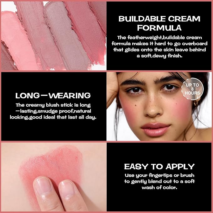 FOCALLURE Cream Blush Makeup,Buildable Blush Stick for Cheeks,Matte and Dewy Finish,Long Wearing,Easy Application,Lightweight Multi Stick,ROSE MARBLE-VivaGrace Women