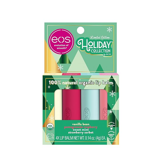 EOS Limited Edition Holiday Lip Balm Variety Pack, 100% Natural & Organic, All-Day Moisture, Made for Sensitive Skin, 0.14 oz, 4-Pack, Clear-VivaGrace Women