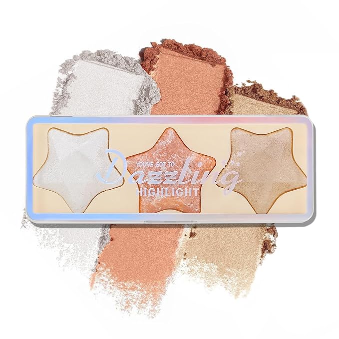 Boobeen 3 Colors Baked Shimmer Highlight & Blush Palette, Powder Palette Facial Bronzers Illuminator Makeup Palette, Lightweight Highlighter Blusher Contour for Cheeks, Lasting Natural Glowing-VivaGrace Women