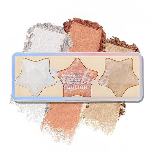 Boobeen 3 Colors Baked Shimmer Highlight & Blush Palette, Powder Palette Facial Bronzers Illuminator Makeup Palette, Lightweight Highlighter Blusher Contour for Cheeks, Lasting Natural Glowing-VivaGrace Women