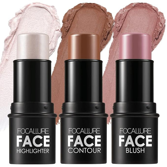 FOCALLURE 3 Pcs Cream Contour Sticks,Shades with Highlighter & Bronzer & Blush,Non-greasy Long-wear Face Contouring Pen,Easy to Sculpt the Face and Create a Lightweight Finishing Makeup,UNIVERSAl-VivaGrace Women