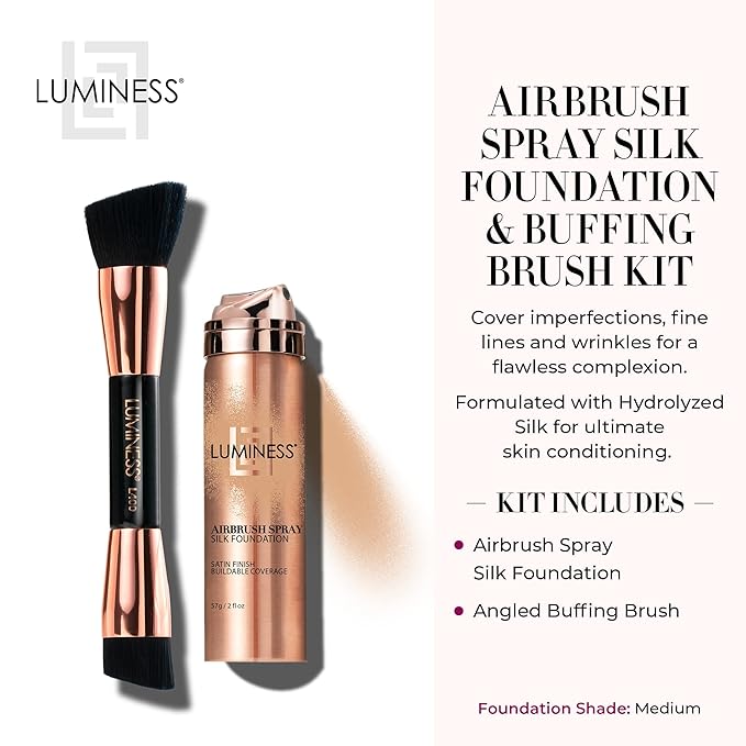 LUMINESS Silk Airbrush Spray Foundation & Buffing Brush Kit – Full Coverage Foundation & Dual-Sided Buffing Brush - Buildable Coverage, Anti-Aging Formula Hydrates & Moisturizes (Shade - Medium)-VivaGrace Women