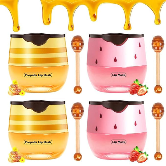 Bee Lip Balm Honey Pot, Strawberry & Honey Moisturizing Propolis Lip Mask, Hydrating & Prevention Dry and Cracked Lip Scrubs Exfoliator, Reduces Lip Lines (2Pcs Pink + 2Pcs Yellow)-VivaGrace Women