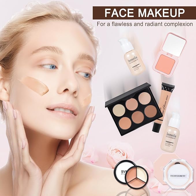 All in One Makeup Kit Makeup Kit for Women Full Kit Multipurpose Makeup ，eyeshadow、 liquid foundation,Loose powder,Eyebrow pencil,4-color lip gloss set-VivaGrace Women