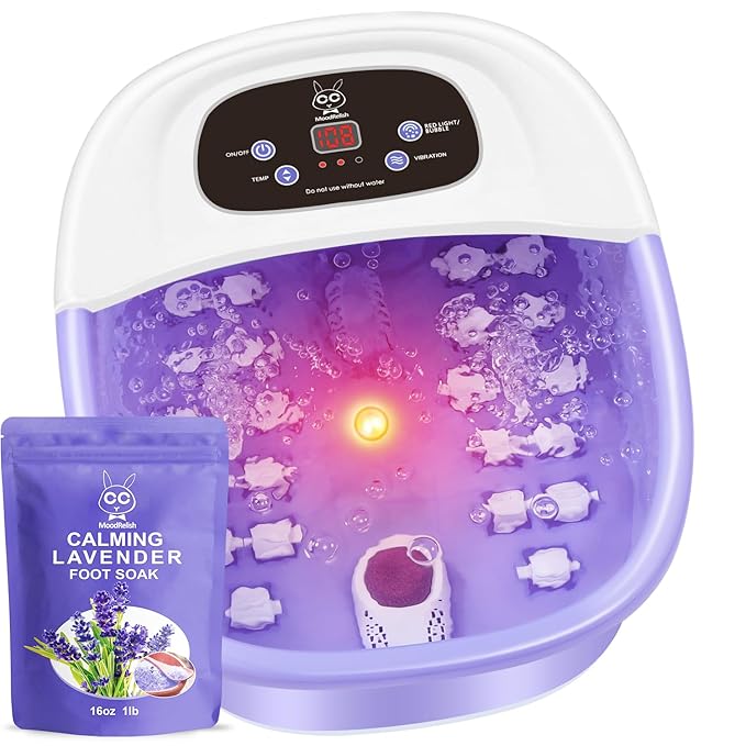 Foot Spa Bath Massager with Heat Bubbles and Vibration Massage and Jets, 16 OZ Calming Lavender Foot Soak Epsom Salt, MoodRelish Foot Soaker With Red Light, 22 Massage Rollers, Adjustable Temp -Purple-VivaGrace Women