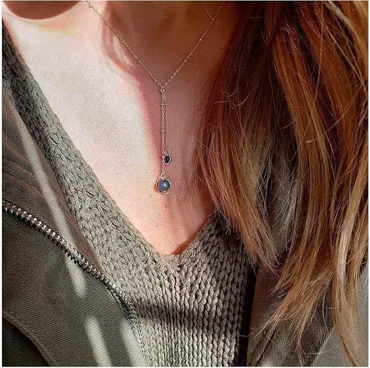 Boho Lava Stone Necklace Chain Silver Layered Chain Y Necklace Lava Bead Lariat Necklace Anxiety Essential Oil Diffuser Necklace Jewelry for Women-VivaGrace Women