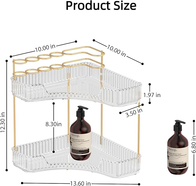 Makeup Organizer Countertop 2 Tier, Corner Bathroom Countertop Organizer with Toothbrush and Makeup Brush Holder, Corner Vanity Tray for Skincare Organization-VivaGrace Women