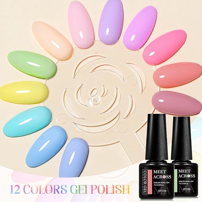 MEET ACROSS 12pcs Gel Nail Polish Set,Soak Off UV LED Lamp Gel Nail Polish Kit,Fashion Shimmer Nail Art Design Gifts for Women Manicure Salon (Makaron series)