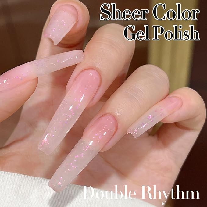 Double Rhythm Gel Polish Translucent Sheer Neutral Natural Light Milky Same Color Same Bottle 15ML Jelly Polish Art DIY at Home (Milky Pink Glitter-A1379)-VivaGrace Women