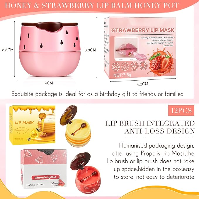 12 Pcs Bee Lip Balm Honey Pot with Brush Propolis Lip Mask Overnight, Moisturizing Hydrating Lip Sleeping Mask Prevention Dry and Cracked(Honey+Strawberry+Watermelon)-VivaGrace Women