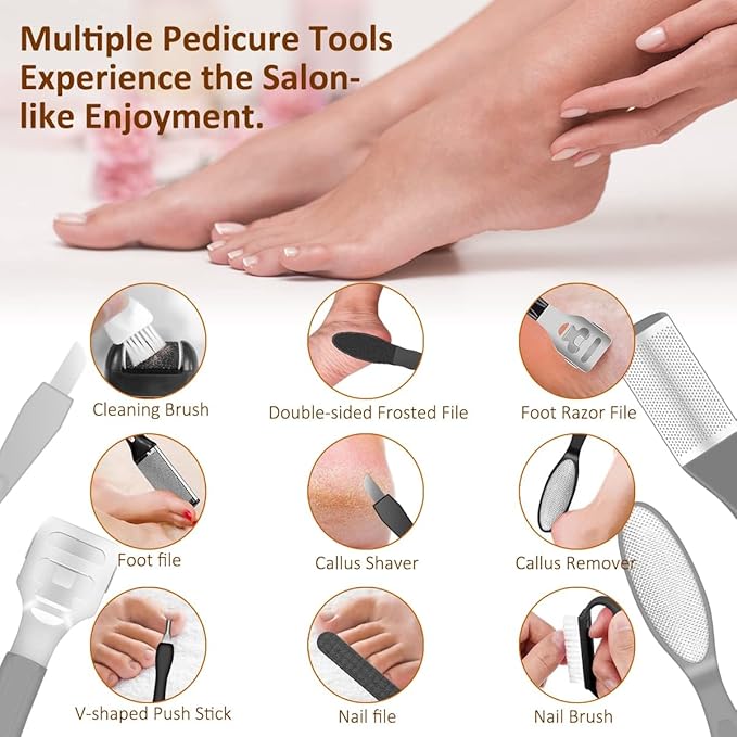Electric Callus Remover for Feet,Rechargeable Foot File Hard Skin Remover,Waterproof 14 in1 Professional Pedicure Kit for Cracked Heels &Dead Skin,with 9 Roller Heads 2 Speed-VivaGrace Women
