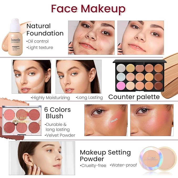 Makeup Kit for Women Full Kit, Travel Makeup Kit, Makeup Gift Set for Teens Girls Beginners Professionals, Makeup Bundle Include 2 Matte & Glitter Eyeshadow Palettes, Lip Gloss Set-VivaGrace Women