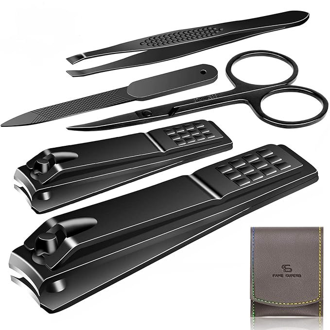 Manicure Pedicure Kit Nail Clippers Set Fingernails & Toenails Vibrissac Scissor 5 Pieces Best Care Tools for Man & Women with Travel Case (Gray/Black_A) (Gray/Black_A)-VivaGrace Women