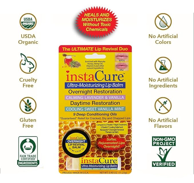 InstaCure's Original Nose Balm Fast Relief for Cracked, Dry & Sore Noses! Ultra-Moisturizing Lip Repair Duo. Calming Lavender & Vanilla Overnight Lip Mask + Cooling Sweet Vanilla Mint Daytime Lip Balm-VivaGrace Women