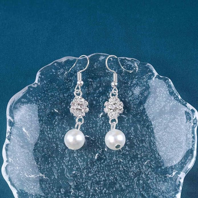 Vintage Rhinestone Pearl Drop Earrings Crystal Flower Dangle Earrings Silver Pearl Earring Cz Flower Hook Earrings Jewelry for Women-VivaGrace Women