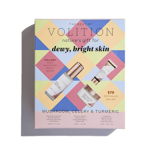 Volition Beauty Dewy Skin Kit Bundle with Celery Green Cream, Snow Mushroom Water Serum, Turmeric Brightening Polish | Age-Defies, Minimizes Pores & Brightens | Vegan, Paraben-Free & Cruelty-Free-VivaGrace Women