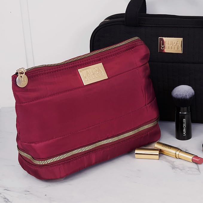 LAURA GELLER NEW YORK Quilted Makeup Bag with Brush Case, Burgundy - Toiletry Bag Organizer for Travel - Large Capacity Full Size Makeup Bag - Easy to Clean-VivaGrace Women