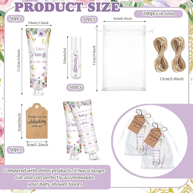 50 Sets 200 Pcs Baby Shower Hand Lotion and Lip Balm Gift Theme Baby Shower Party Favors Travel Size Hand Lotion and Lip Balm Bulk with Organza Bags Tags(Butterfly)-VivaGrace Women