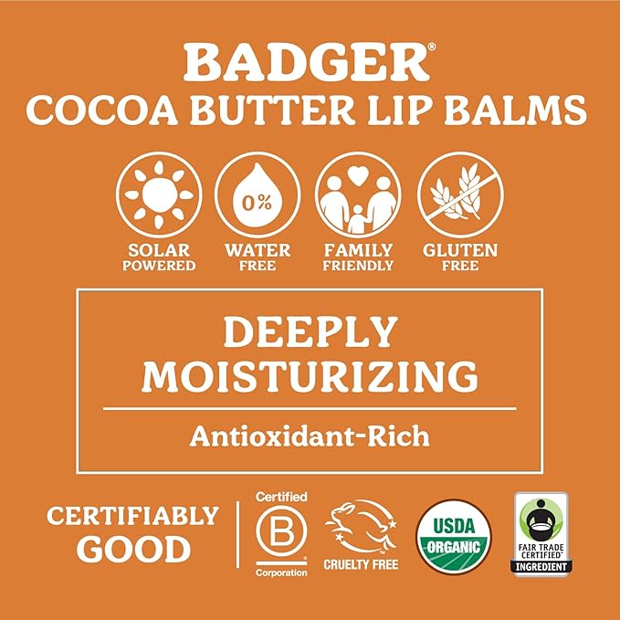 Badger - Cocoa Butter Lip Balm, Cool Mint, Certified Organic Lip Balm, Fair Trade, Lip Butter, Lip Balm Cocoa Butter, Cocoa Care Lip Balm, 0.25 oz (4 Pack)-VivaGrace Women