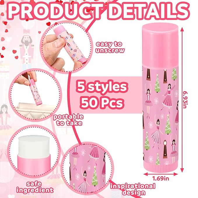 Dunzy 50 Pcs Christmas Lip Balm Gifts Bulk Pink Christmas Nutcracker Themed Lip Balm Xmas Lip Moisturize for Lip Care Xmas Holiday Party Stocking Stuffers, 5 Flavors-VivaGrace Women