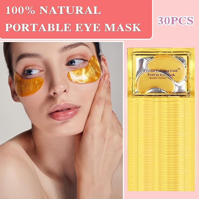 30 Pairs 24K Gold Under Eye Patches,Crystal Collagen Under Eye Mask,Puffy Eyes and Dark Circles Treatments,Moisturising&Hydrating Under Eye Patch Pads for Reducing Fine Lines Eye Bags(Gold)-VivaGrace Women
