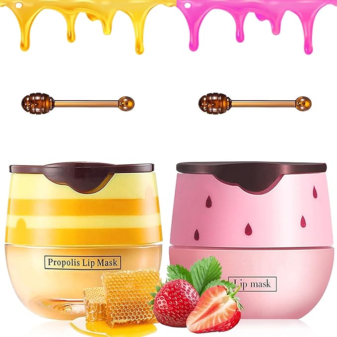 2 PCS Bee Lip Balm Honey Pot, Strawberry & Honey Lip Sleeping Masks Overnight, Hydrating Prevention Dry and Cracked Lip Scrubs Exfoliator Lip Care, Reduces Lip Lines-VivaGrace Women