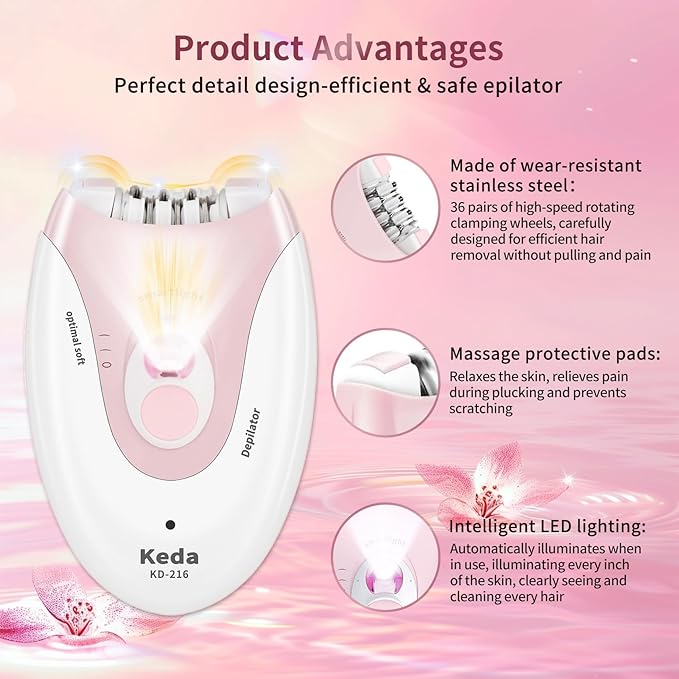Smooth Glide Epilators Hair Removal for Women, 2 Speed Hair Removal Device with LED Light, Portable Rechargeable Face Epilator, Epilator for Women Face, Bikini, Arm, Legs, Armpits-VivaGrace Women