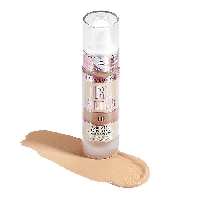 Revolution Beauty, IRL Filter Longwear Foundation, Soft & Breathable Formula, Medium to Full Coverage, Matte Finish, F8, 0.7 Fl. Oz-VivaGrace Women