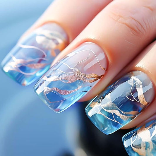 Medium Press on Nails Square Fake Nails with Glue Glossy Acrylic False Nails with Gold Glitter Designs Ice-Transparent Blue Gradient Glossy Artificial Nails Stick on Nails for Women 24Pcs