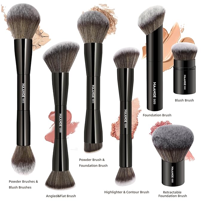 MAANGE 7pcs Makeup Brush Set Double Sided Kabuki Makeup Brushes Contour Brush for Foundation Liquid Powder Concealer Cream Cosmetics Bronzer Blending Blush Buffing Makeup Tools (Black)-VivaGrace Women