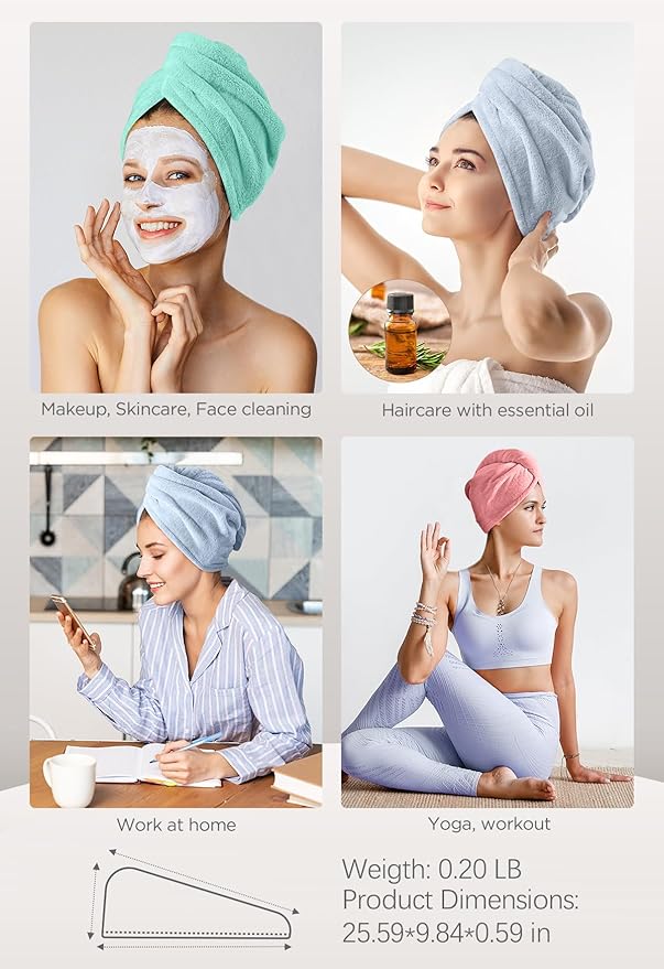 Hicober Microfiber Hair Towel, 3 Packs Hair Turbans for Wet Hair, Drying Hair Wrap Towels for Curly Hair Women Anti Frizz (Pink,Blue,Green)-VivaGrace Women
