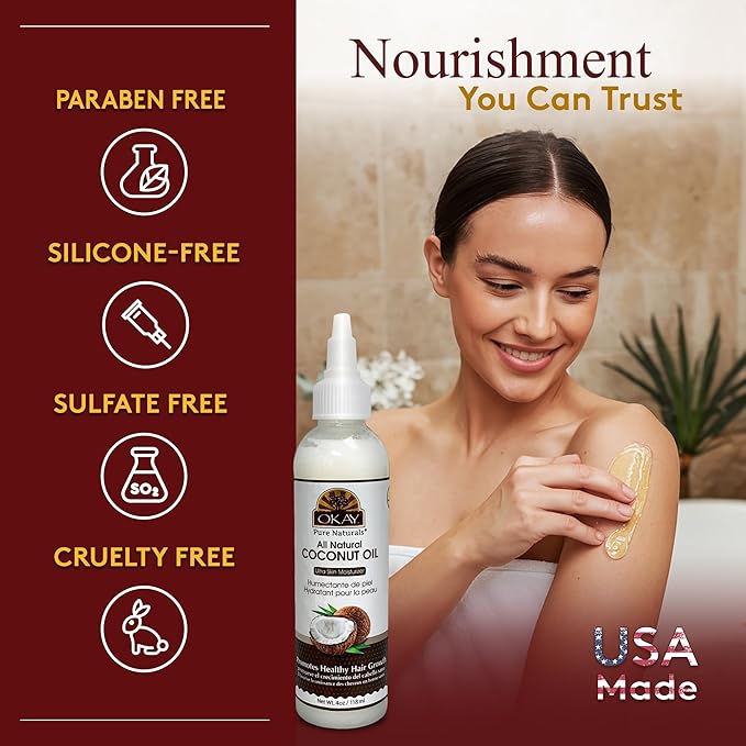 Okay 100% Pure Coconut Oil for Hair & Skin - Coconut Oil for Women & Men, Perfect for Hair & Body, for Massage & Moisturizer, Natural - 4 fl oz Squeeze Bottle (Pack of 1)-VivaGrace Women