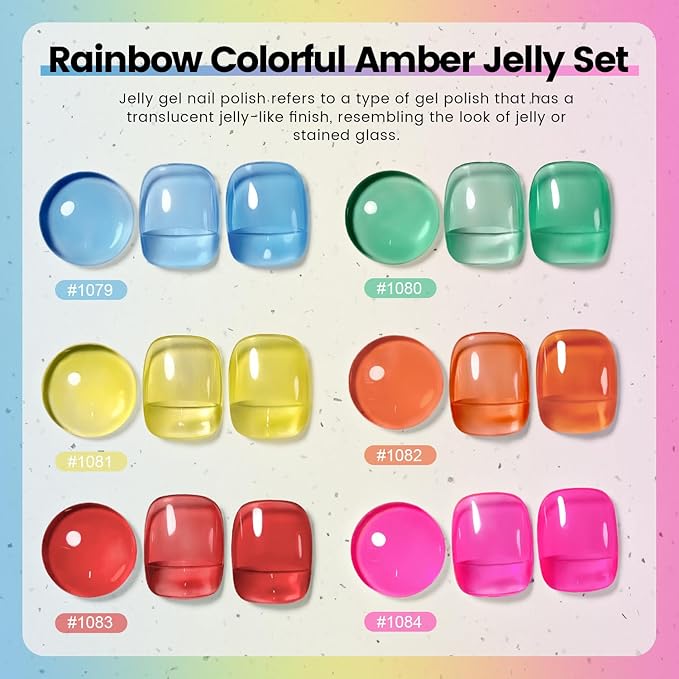 RARJSM Colorful Stained Glass Gel Nail Polish Set 6pcs Clear Crytal Blue Green Yellow Orange Red Neon Pink Series Transparent Sheer Amber Milky Gel Varnish LED UV Curing Requires French Manicure-VivaGrace Women