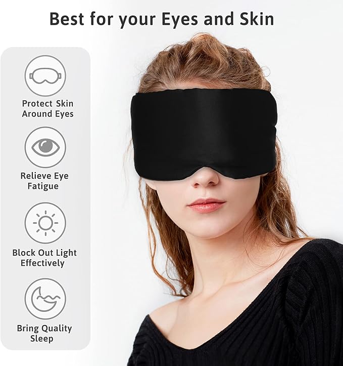 Silk Sleep Mask for Women Men, Mulberry Silk Eye Sleeping Mask & Blindfold with Adjustable Velcro Strap, Blackout Eye Cover for Sleep Travel Yoga Nap, Large Size, Black-VivaGrace Women