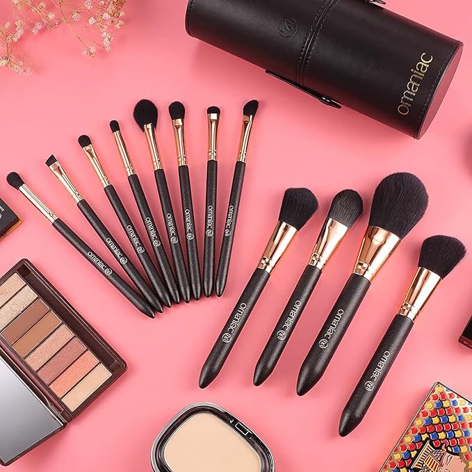 OMANIAC Makeup Brush Set Professional, 12 Pearlescent Wood Handle Makeup Brushes, Premium Cruelty-Free Synthetic Fiber Hair, Travel Make up Brushes Set with Case (Black).-VivaGrace Women