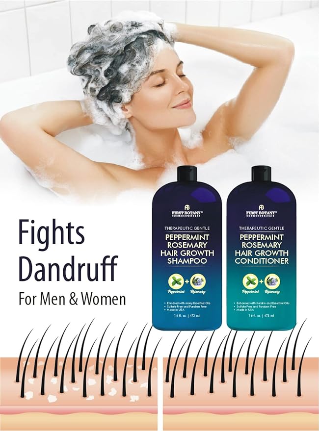 First Botany, Peppermint Rosemary Hair Regrowth and Anti Hair Loss Shampoo and Conditioner Set - Daily Hydrating, Detoxifying, Volumizing Shampoo and Fights Dandruff For Men and Women 16 fl oz x 2-VivaGrace Women