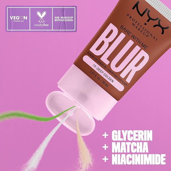 NYX PROFESSIONAL MAKEUP Bare With Me Blur Skin Tint Foundation Make Up with Matcha, Glycerin & Niacinamide - Deep Golden-VivaGrace Women