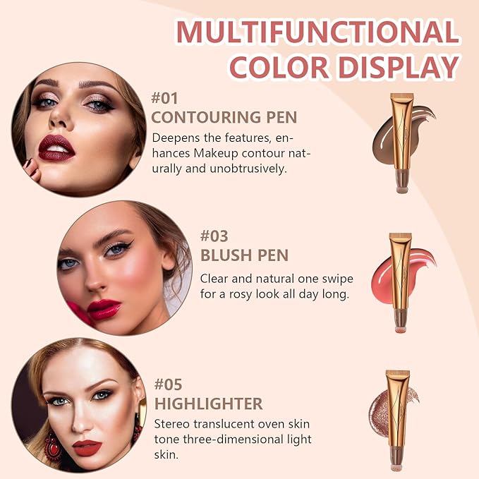 Liquid Contour Beauty Wand Set,Blush Liquid Contour Stick Highlighter Makeup With Cushion Applicator,Long Lasting Smooth Natural Matte Finish,Lightweight Blendable Super Silky Cream Sticks (01#03#05)-VivaGrace Women