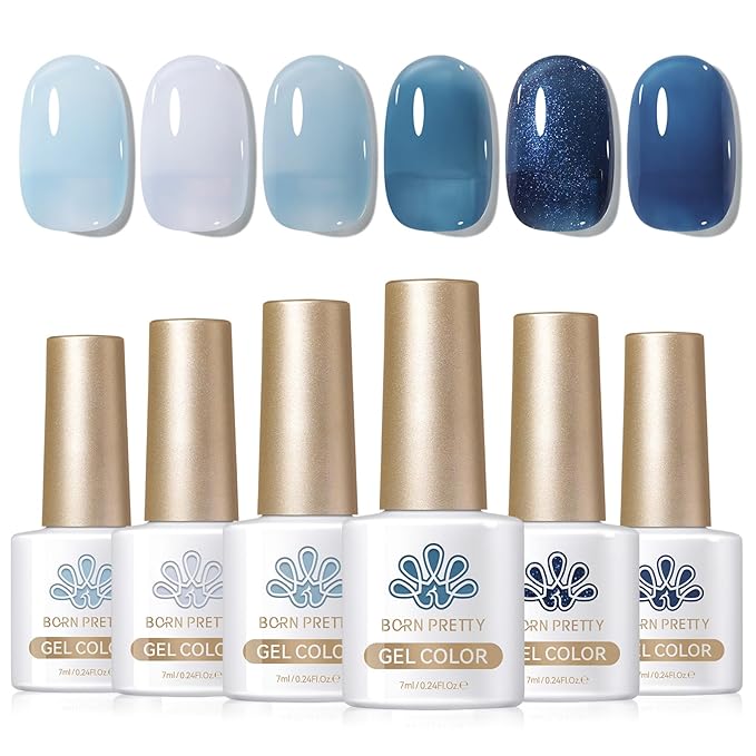 BORN PRETTY Jelly Blue Gel Nail Polish Set 6 Colors Translucent Light Blue Baby Blue Royal Blue Reflective Glitter Blue Nail Gel Kit Soak Off Nail Art Manicure Design Home Salon Holiday Gift-VivaGrace Women
