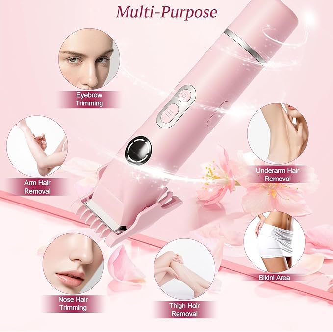 Bikini Trimmer for Women, 4 in 1 Wet/Dry Electric Razors for Women - Dual Head, Painless Rechargeable Portable Womens Razors for Shaving Set for Face, Nose, Eyebrows, Armpits, Bikini Area (Pink)-VivaGrace Women