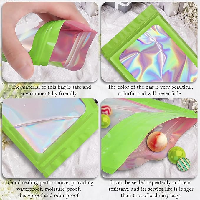 100 Pack Holographic Bags,Smell Proof Packaging Bags, Clear Window Resealable Odor Foil Pouch Mylar Bags for Food Storage and Lipgloss, Jewelry Lash(Green, 2.4 x 3.9 Inch)-VivaGrace Women