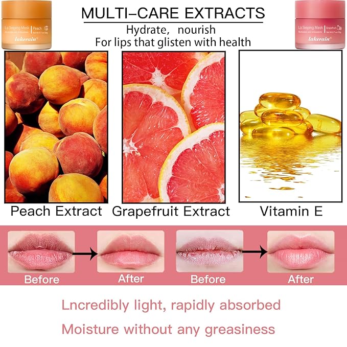 2PCS Lip Sleeping Mask, Lip Mask Overnight, Moisture & Lip Plumper Lip Wrinkles, Repair Lip Balm Prevention Dry and Cracked Lip Scrubs Exfoliato Smoothing Dry Lip Mask (Peach + Grapefruit)-VivaGrace Women
