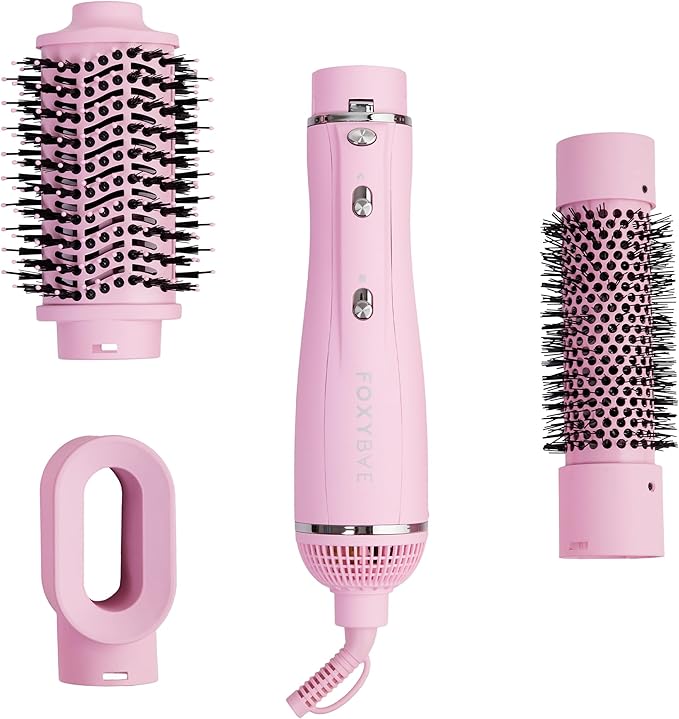 FoxyBae 3-in-1 Ceramic Interchangeable Hair Tools - Blowout Dryer - 3 Detachable Heads - 2.4" Blowout Brush, 1.5" Hot Round Brush & Drying Cylinder Hair Dryer Brush & Hair Styling Set [Party Pink]-VivaGrace Women