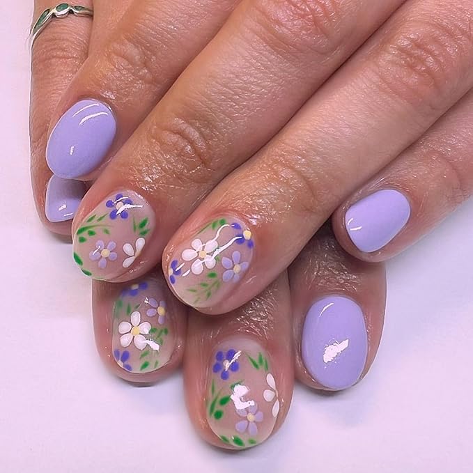 OCOUYVD Flower Press on Nails Extra Short Purple Fake Nails Spring Floral Designs False Nails Square Full Cover Stick on Acrylic Nails Glue on Nails for Women DIY Nail Art Decoration 24 Pcs