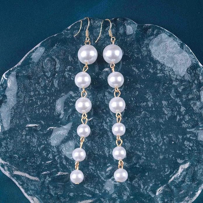 Boho Long Pearl Drop Earrings Vintage Gold Tassel Pearl Dangle Earrings Statement Pearl Chain Drop Dangle Earrings Wedding Prom Bridal Pearl Hook Earrings Jewelry for Women-VivaGrace Women