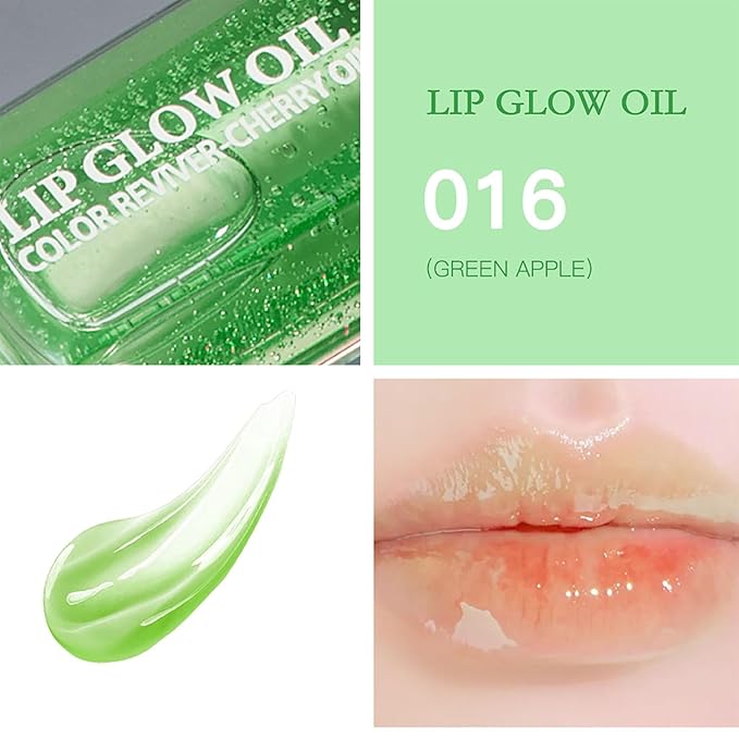 Hydrating Lip Glow Oil, Lip Oil Gloss Transparent Toot Tinted Nourishing Long Lasting Repairing Lightening Lip Lines (GREEN APPLE) 0.2 OZ-VivaGrace Women