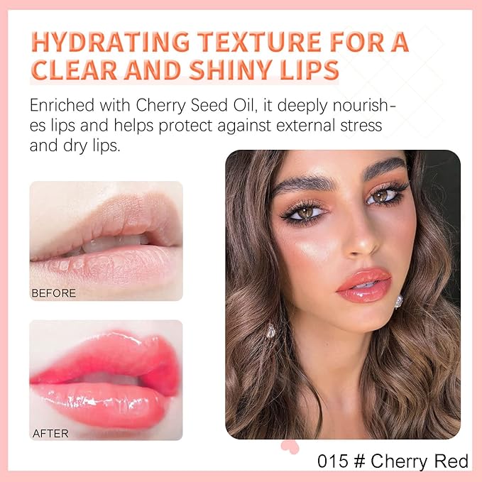 Hydrating Lip Glow Oil, Plumping Watery Lip Gloss, Refreshing Moisturizing Lip Oil Tinted Lip Balm, Lasting Nourishing Revitalizing Lip Tint Lip Care (15# Cherry Red)-VivaGrace Women