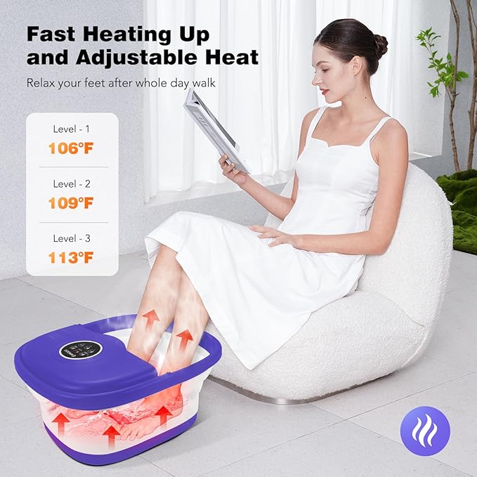 Collapsible Foot Spa with Heat, Remote Control, Temperature Control, Bubbles, Pumice Stone, Red Light, Timer, 16 Massage Roller Pedicure Foot Bath Tub Foot Soaker for Feet Stress Relief, Purple-VivaGrace Women